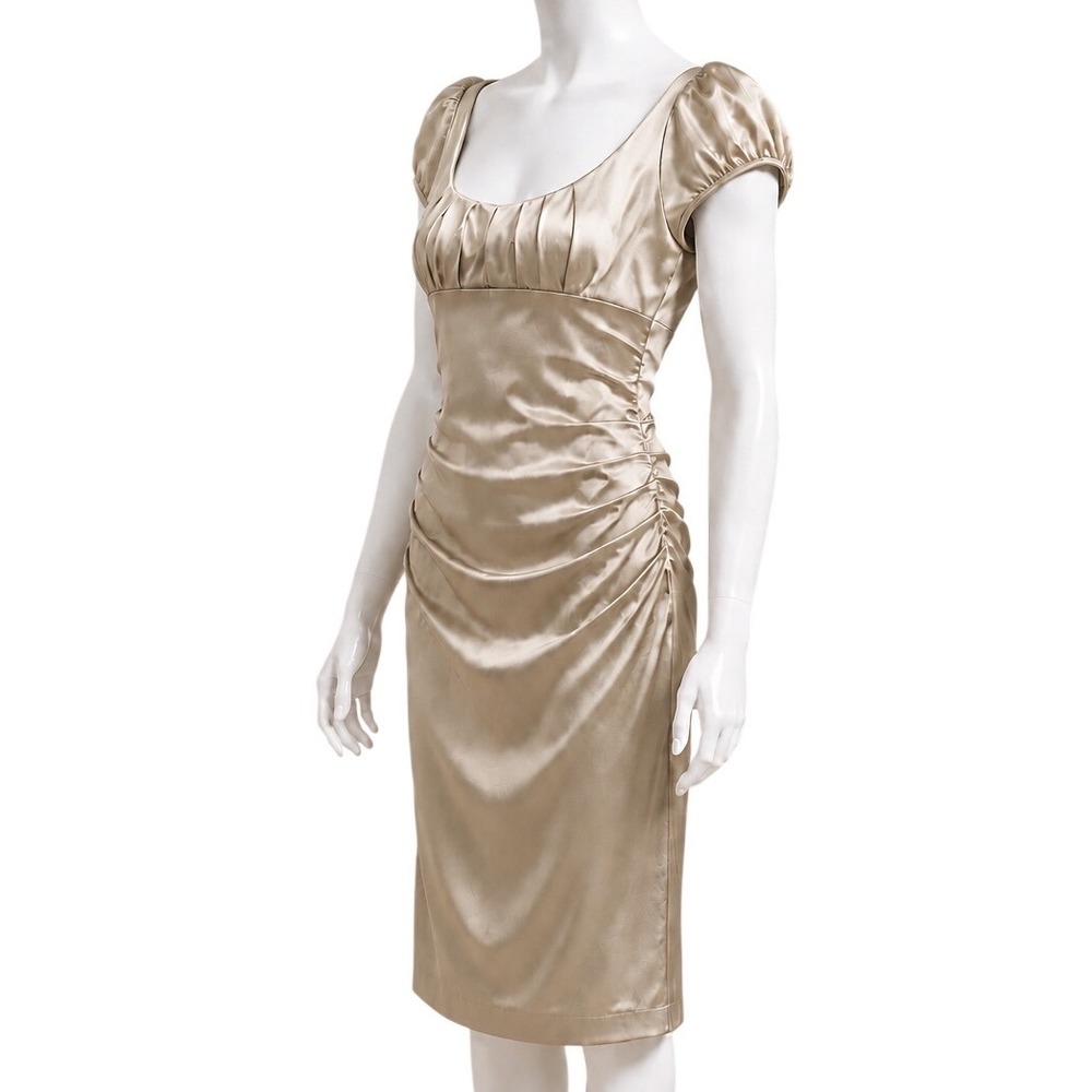 SUZI CHIN FOR MAGGY BOUTIQUE Champagne Ruched Satin Midi Dress | Women's Sz 8